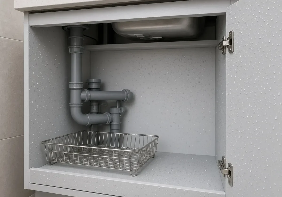Kabinet bawah sink kitchen set anti rayap Depok dari PVC foam board dengan bagian dalam sewarna pintu