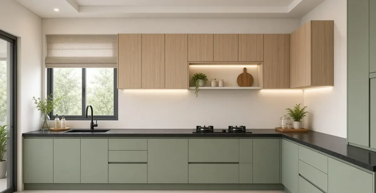 Kitchen set anti rayap Depok model letter L dari PVC foam board finishing HPL hijau sage dan motif kayu